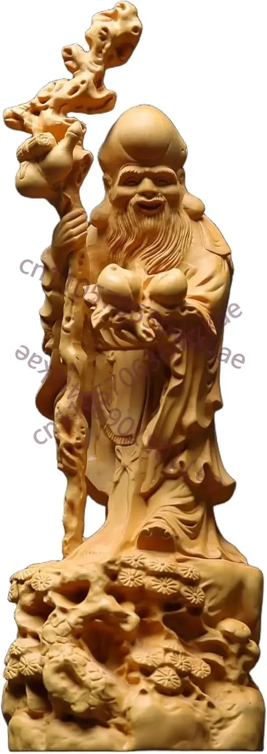Hand Carved Boxwood Wooden Shouxing Longevity God Statue Figurine - Elderly Ornament Home Office Desk Decor Birthday Gift