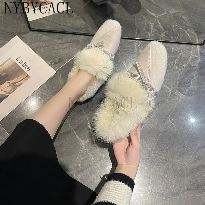 Winter Patchwork square toe fur shoes women fluffy plush flats add cashmere moccasins retro warm rabbit fur loafers woman 2023