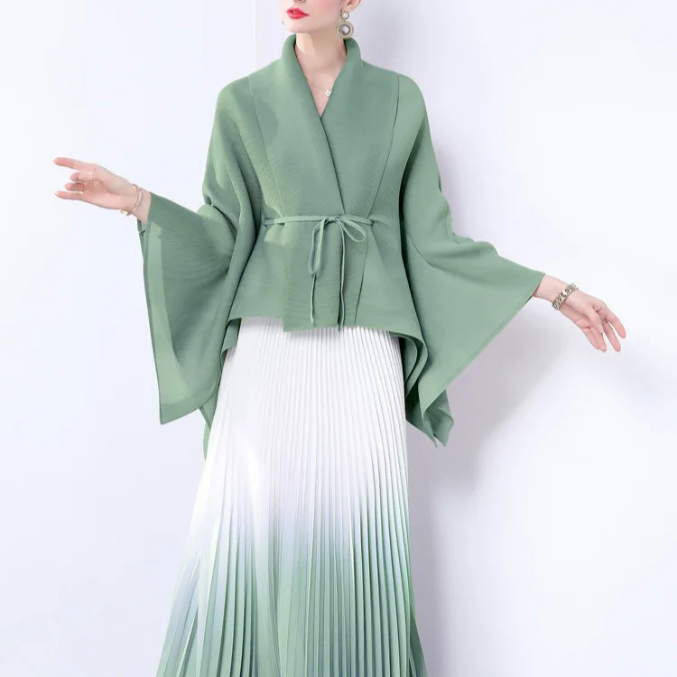 

2025 Gradient Women's Set Full Sleeve Belt Blouse Shirt +Pleated Long Skirts Suit Street Two 2 Piece Set Outfit Tracksuit