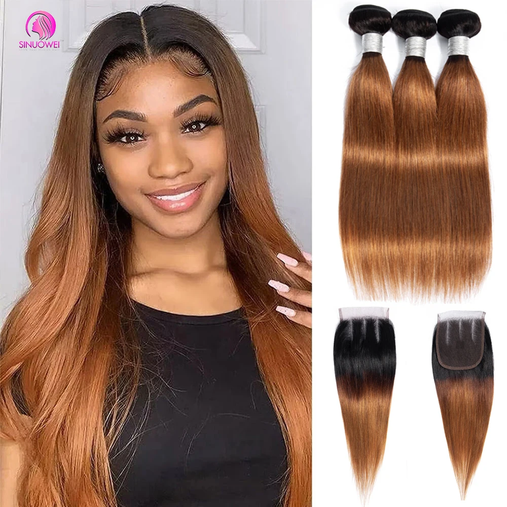 1B 30 Bundels With Closure Straight Human Hair Bundles With 4x4 Transparent Lace Closure Brazilian Human Hair 3/4 Extensions