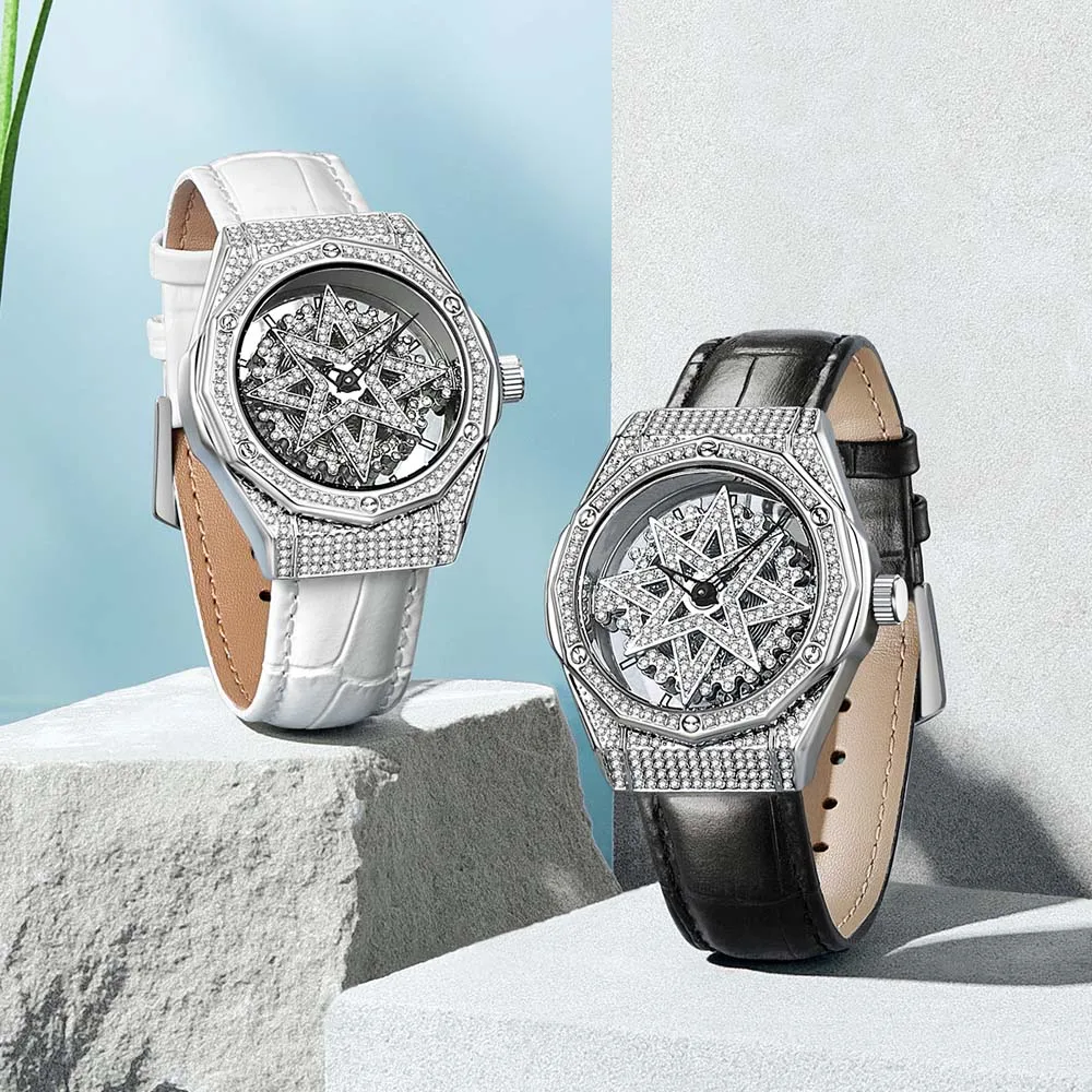 MARK FAIRWHALE Fashion Iced Quartz Watch For Women Luxury Leather Strap Wristwatch Diamond Rotating Dial Bling Watch Lady Gift