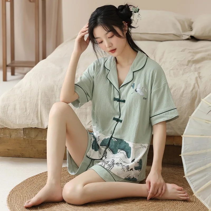 

Pajamas, Women's Summer Shorts, Short Sleeved Crepe Fabric, Cotton With Chest Pad, Cardigan, Chinese Style, Sweet And Thin Women