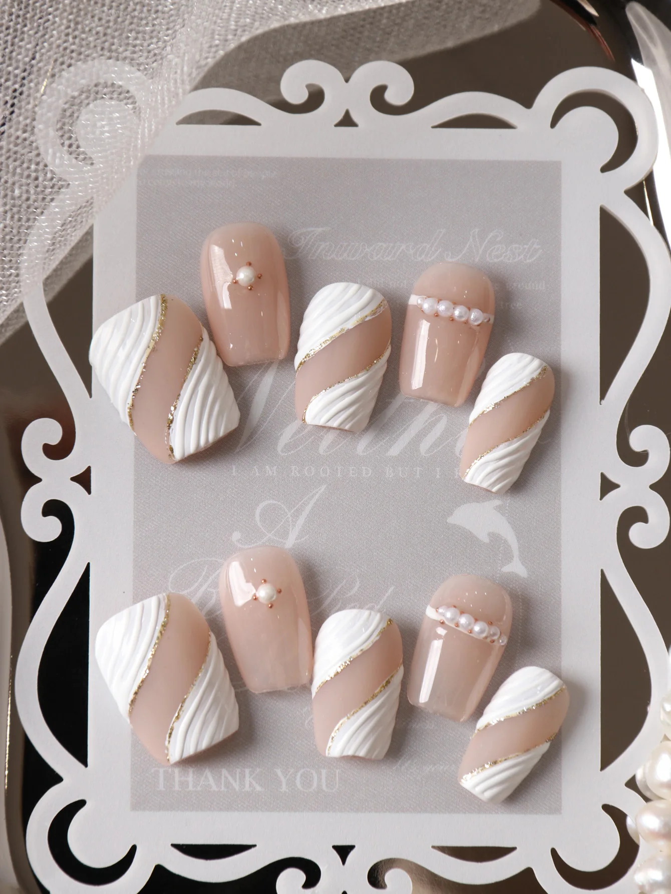 10Pcs Press on Nails Short French Style White Thread Press on Fake Nails Includes 1 Sheet of Adhesive Tabs & 1 Pc Mini File