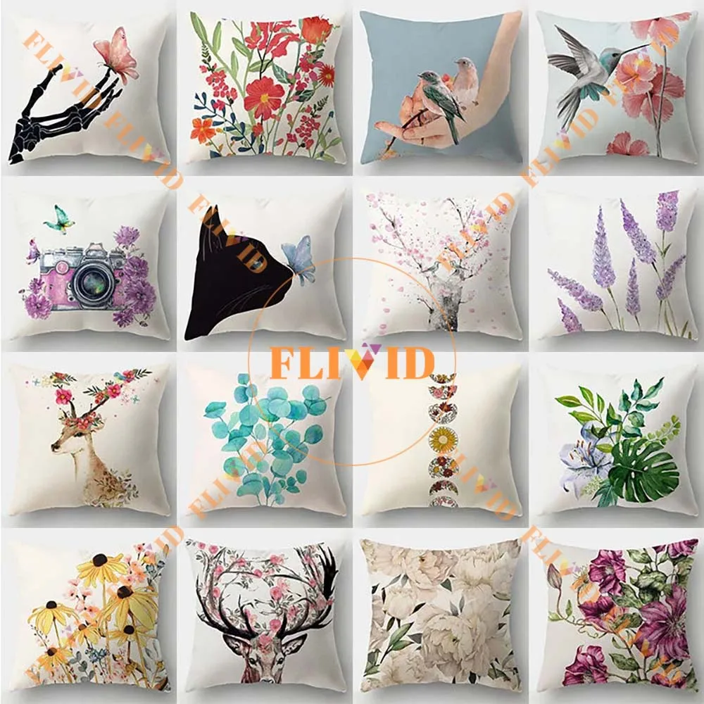 45X45cm Minimalist Cat Flower Leaf Print Pillow for Home Decor, Sofa Cushion , Square Throw Pillows with inner