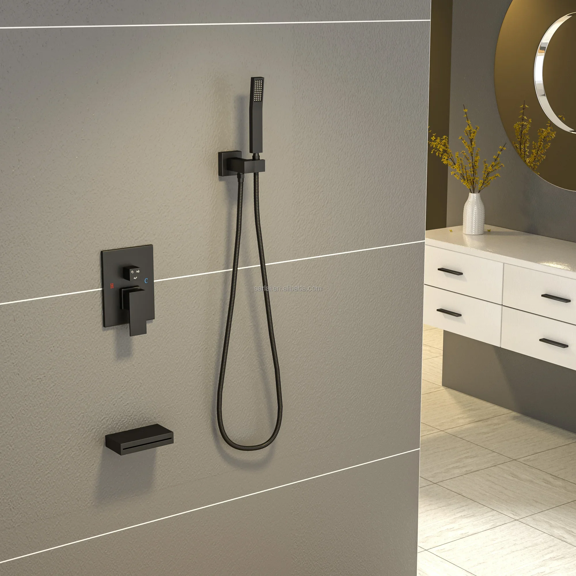 Black All Copper Square Flush Mounted Wall Shower constant temperature rain shower system Set 3 Function Embedded Shower Faucet