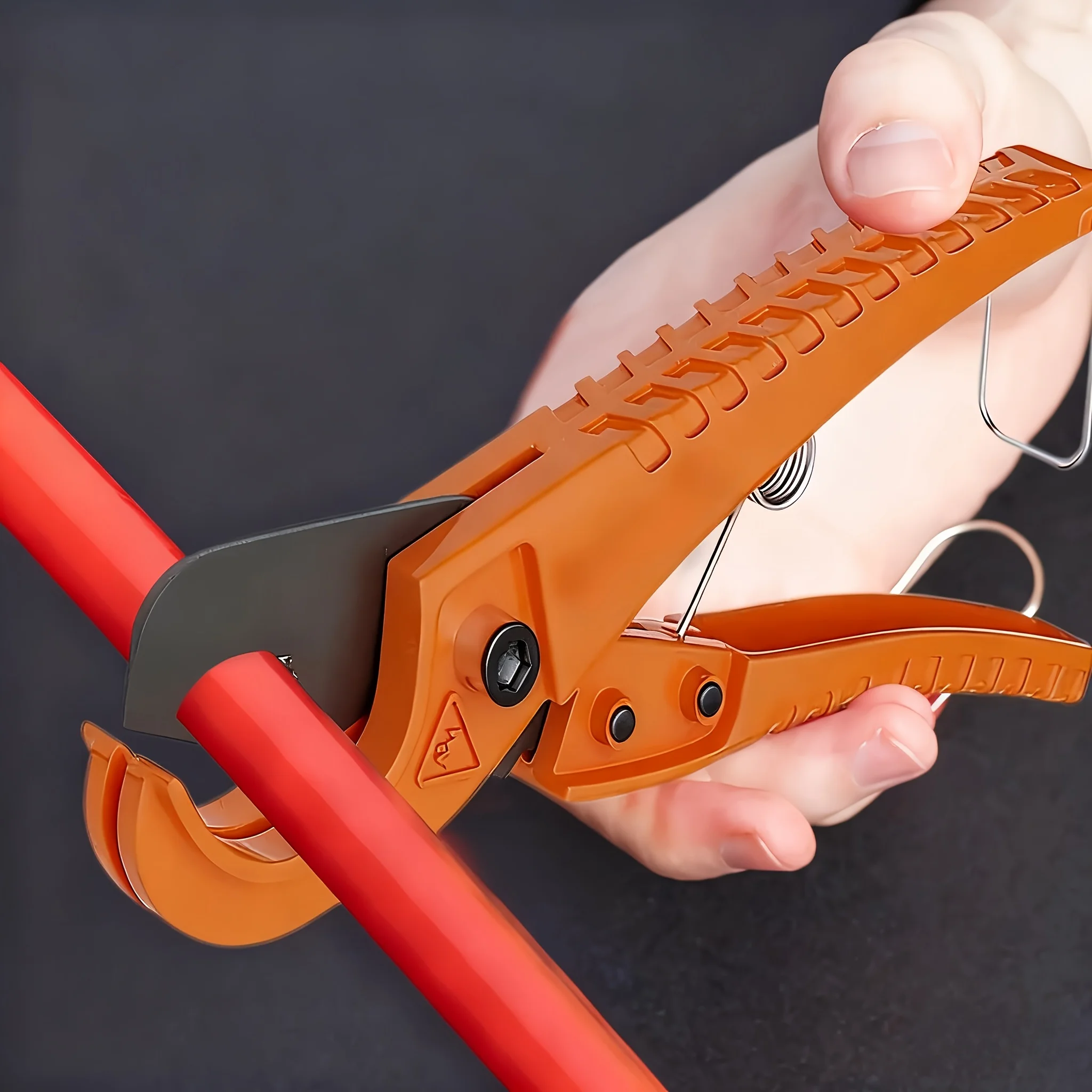 PVC Ratchet Pipe Cutter 0-32mm Adjustable, Metal Clip Precision Cutting Tool, Orange Textured Grip for PEX Plastic Pipes