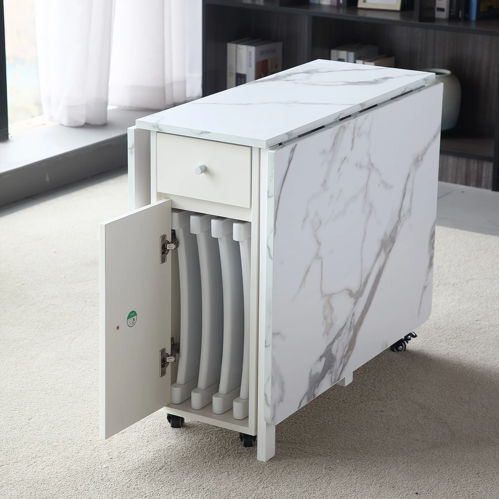 Fashion White Folding Dining Table Furniture Multifunctional Rectangle Movable Dining Table and Folding Chairs - Image 4