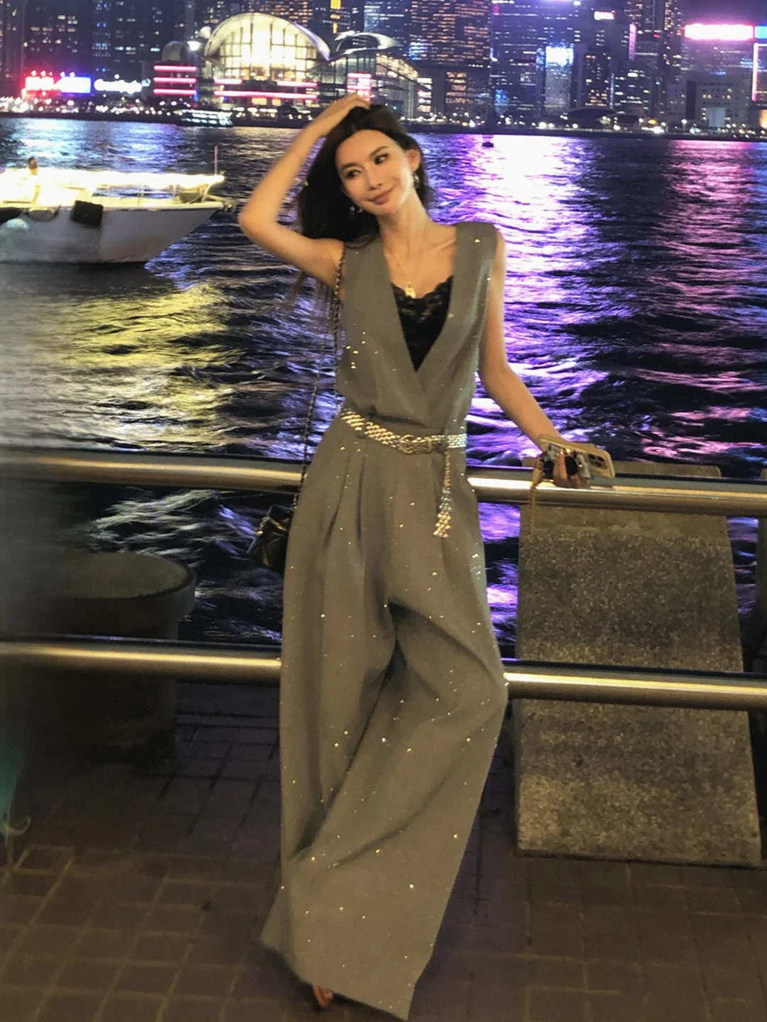 

Lililiwj High Waist One-Piece Diamond Embellied Svel Women's Summer Faionable Intuitive Sensation Pants Dr