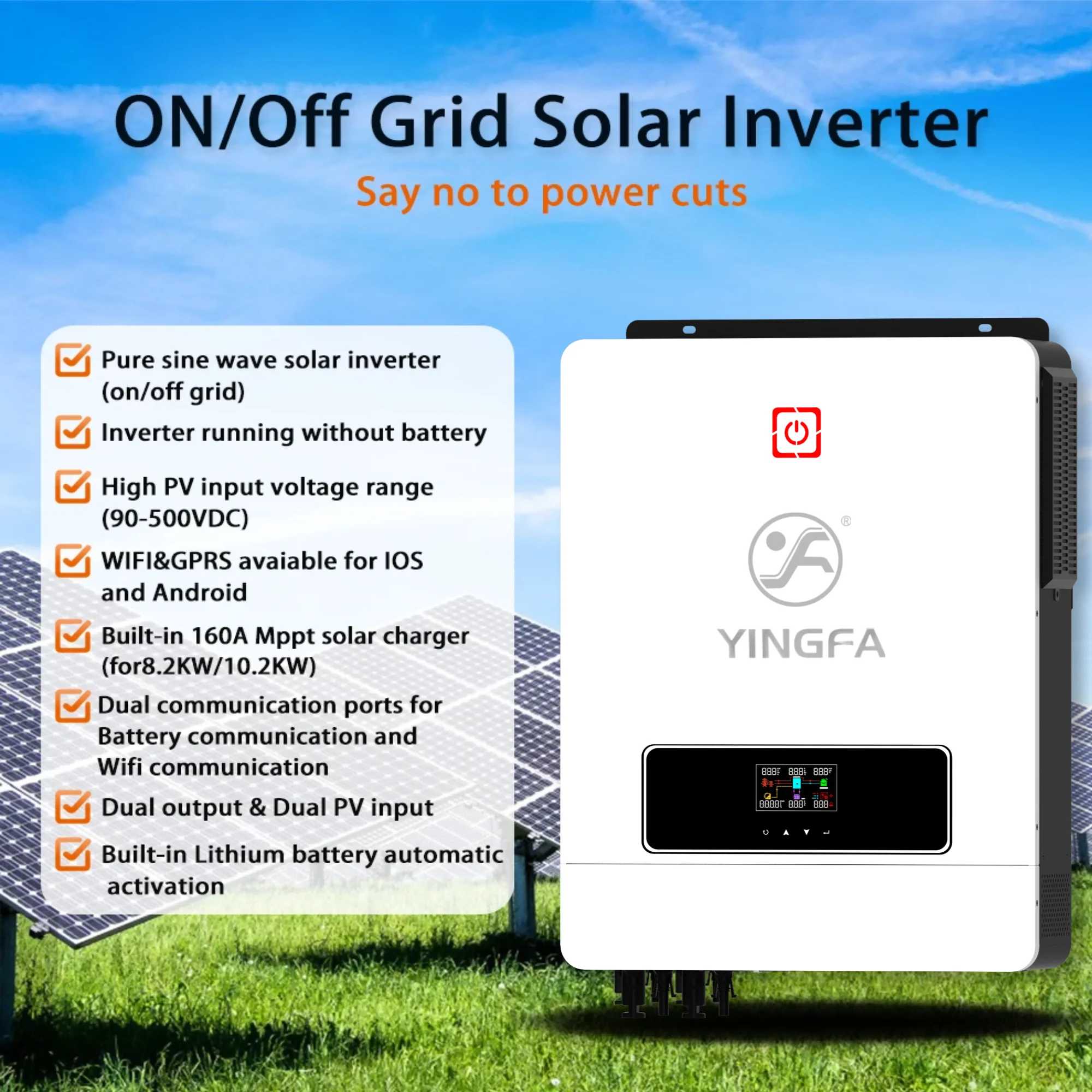 YINGFA 8.2kW /10.2kW Hybrid Inverter, 160A Mppt Charge, Dual Output, 48Vdc, On Off Grid, Pure Sine wave,Wifi plug,Solar Inverter