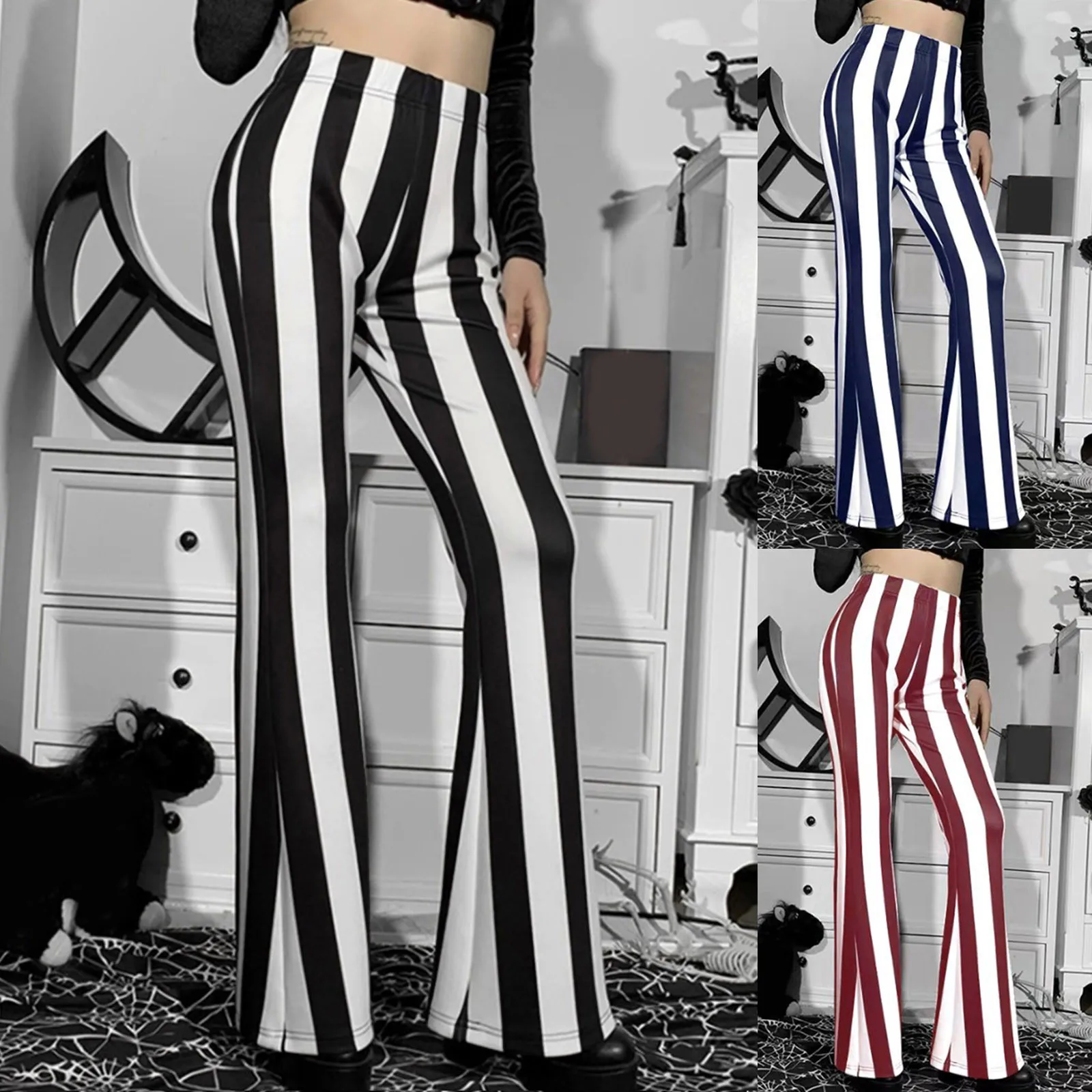 Women Flare Trousers High Waist Stretch Vertical Stripe Long Pants Casual New Elastic Lady Stretch Chic Pants Bodycon Trousers