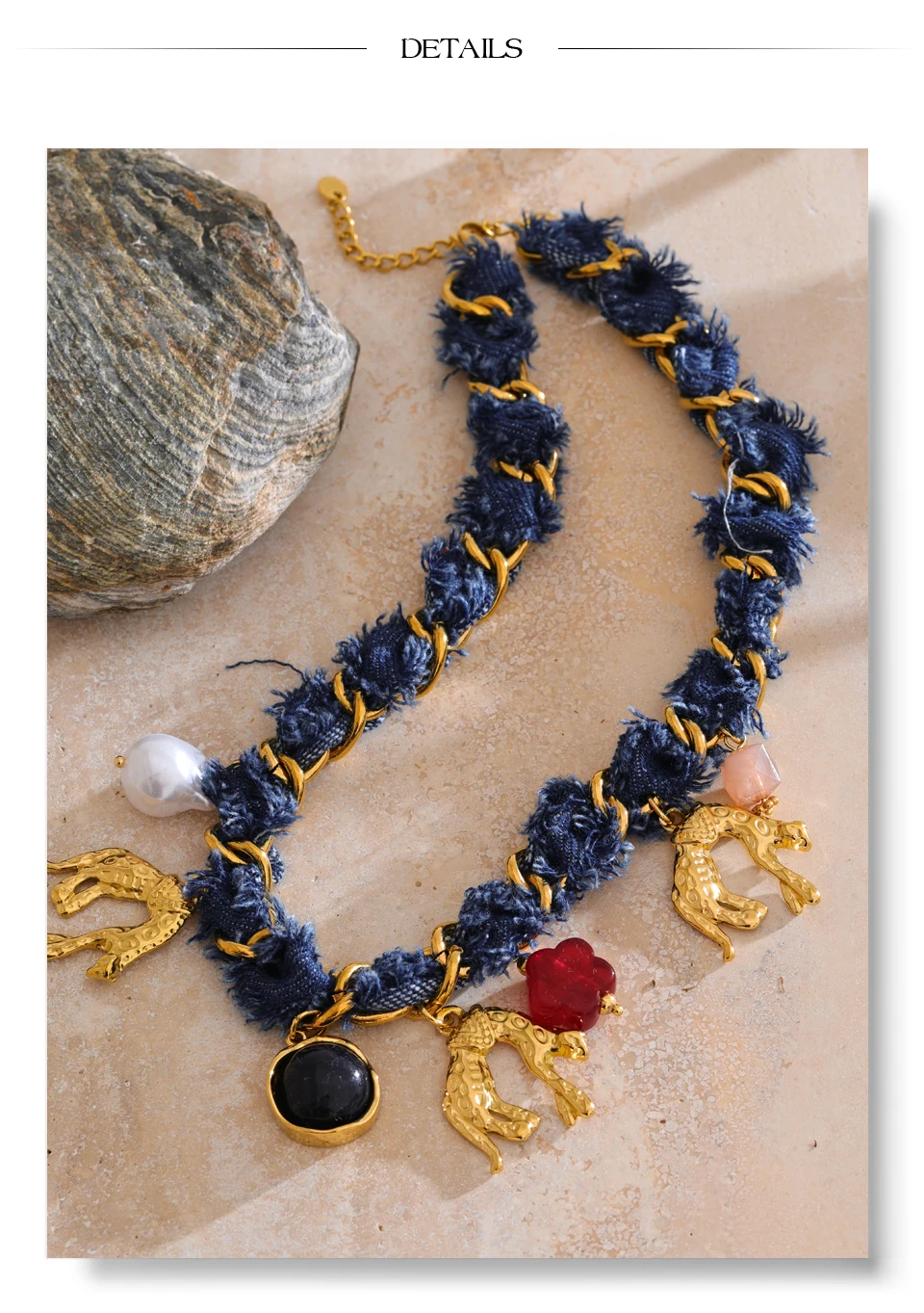 Yhpup Statement Blue Denim Kette Perle Acryl Blume Tropfen Charm Halskette Edelstahl Vintage Herbst & Winter Kragen Schmuck – Detail 9