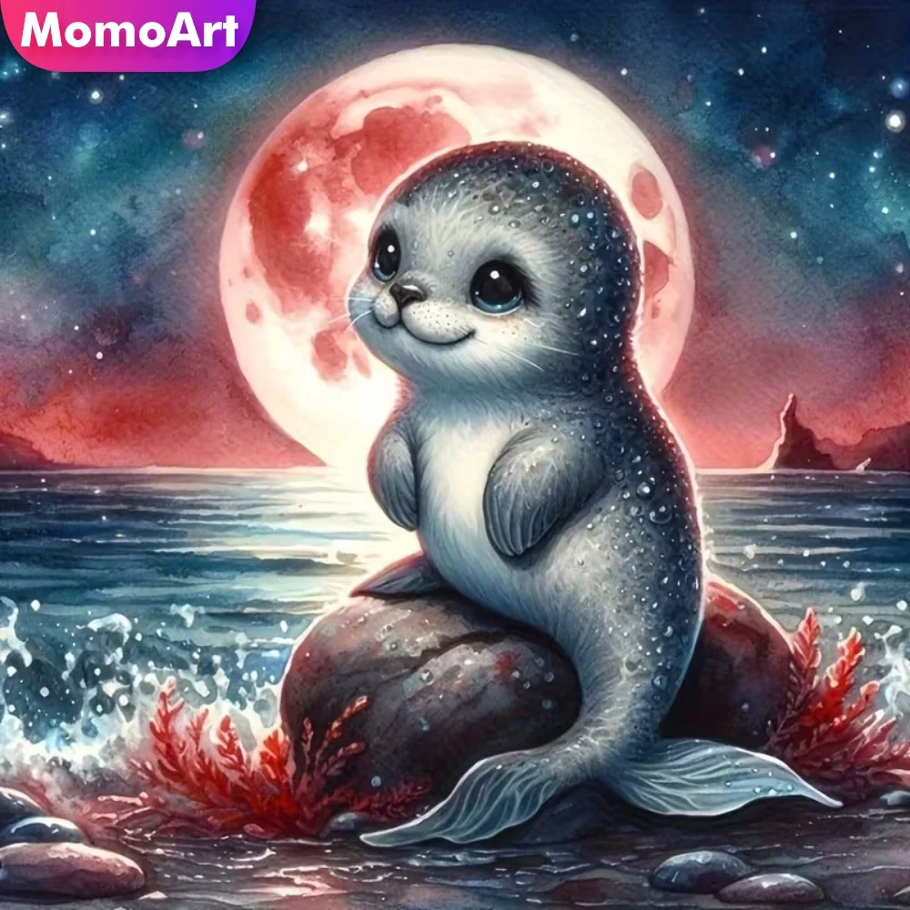Momoart Diamant-Mosaik Tiermotiv Kreuzstich-Malerei Mond DIY Vollquadrat Runddiamant-Stickerei Strandmotiv Handarbeit