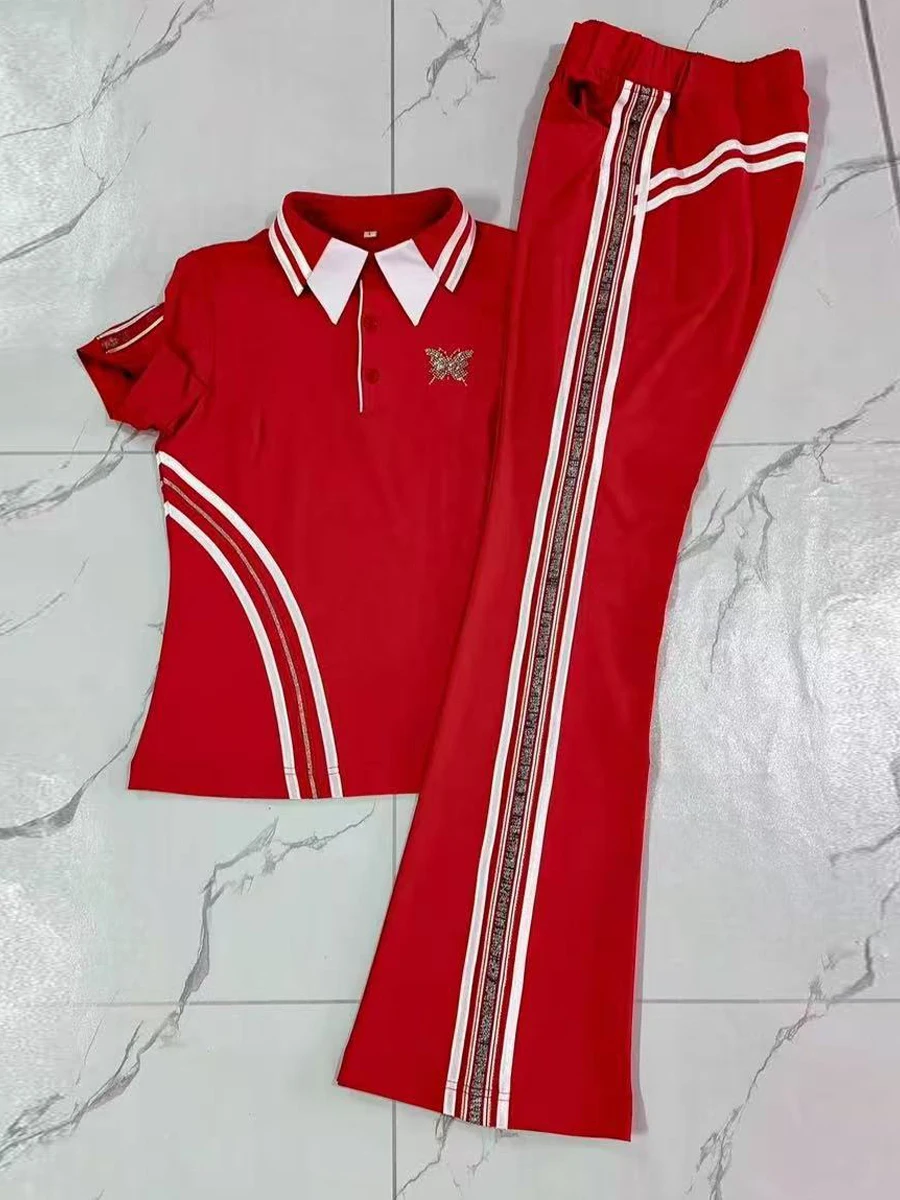ensemble-de-sport-d'ete-rouge-a-manches-courtes-en-soie-coreenne-pour-femme-avec-pantalon-long-taille-haute-ideal-pour-la-danse-de-groupe