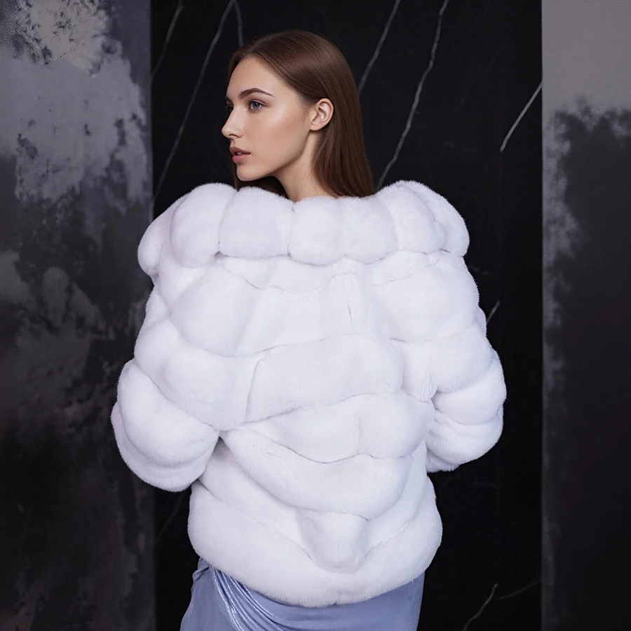 معطف فرو أرنب ريكس حقيقي أبيض مع ياقة قصيرة شينشيلا ملونة سترة فروي سترة نسائية عالية الجودة من الفرو الطبيعي