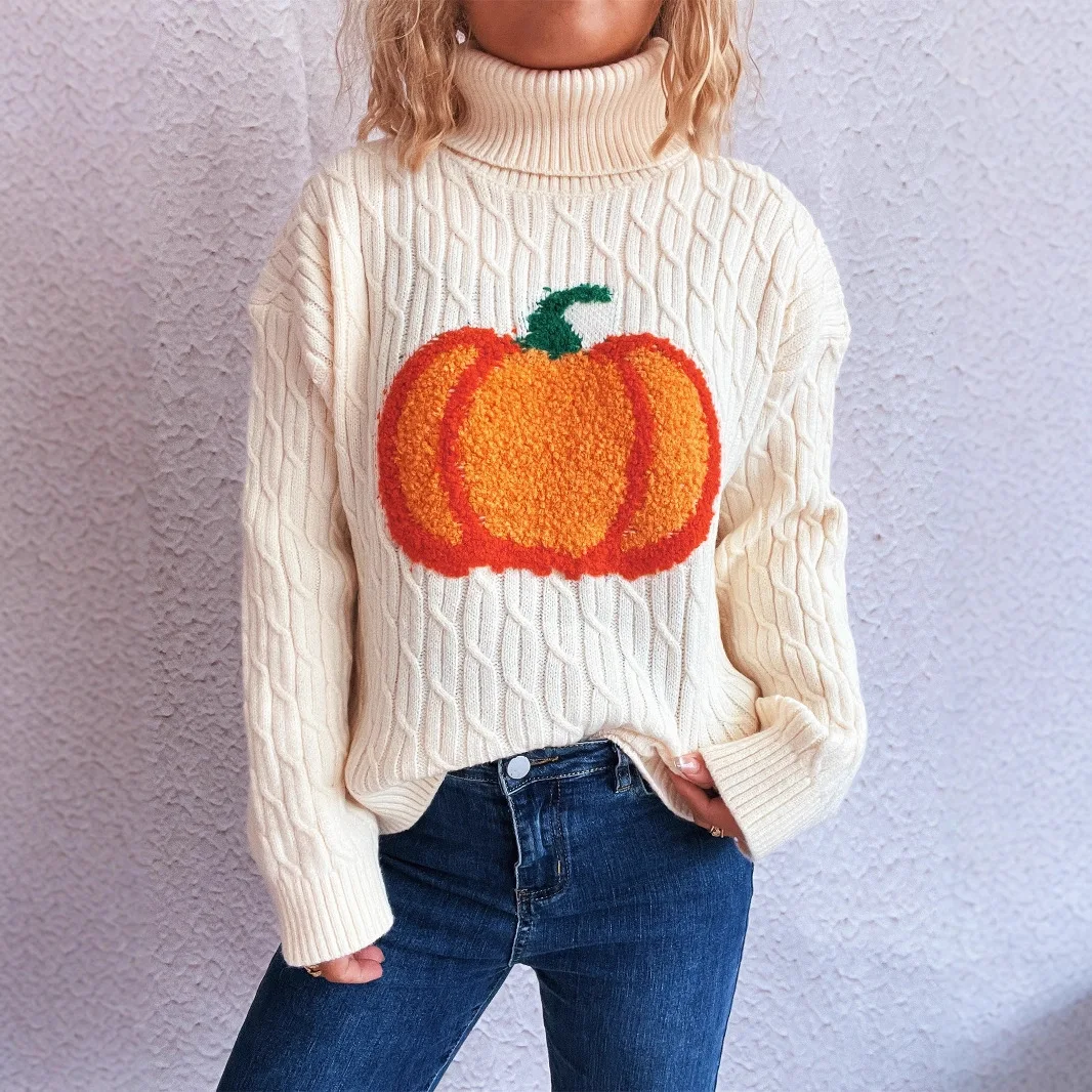 Frauen Rollkragen Kürbis Gedruckt Lange-ärmeln Lose Und Vielseitig Kann Außerhalb Oder Gestrickte Pullover Innen Pull Hiver Femme