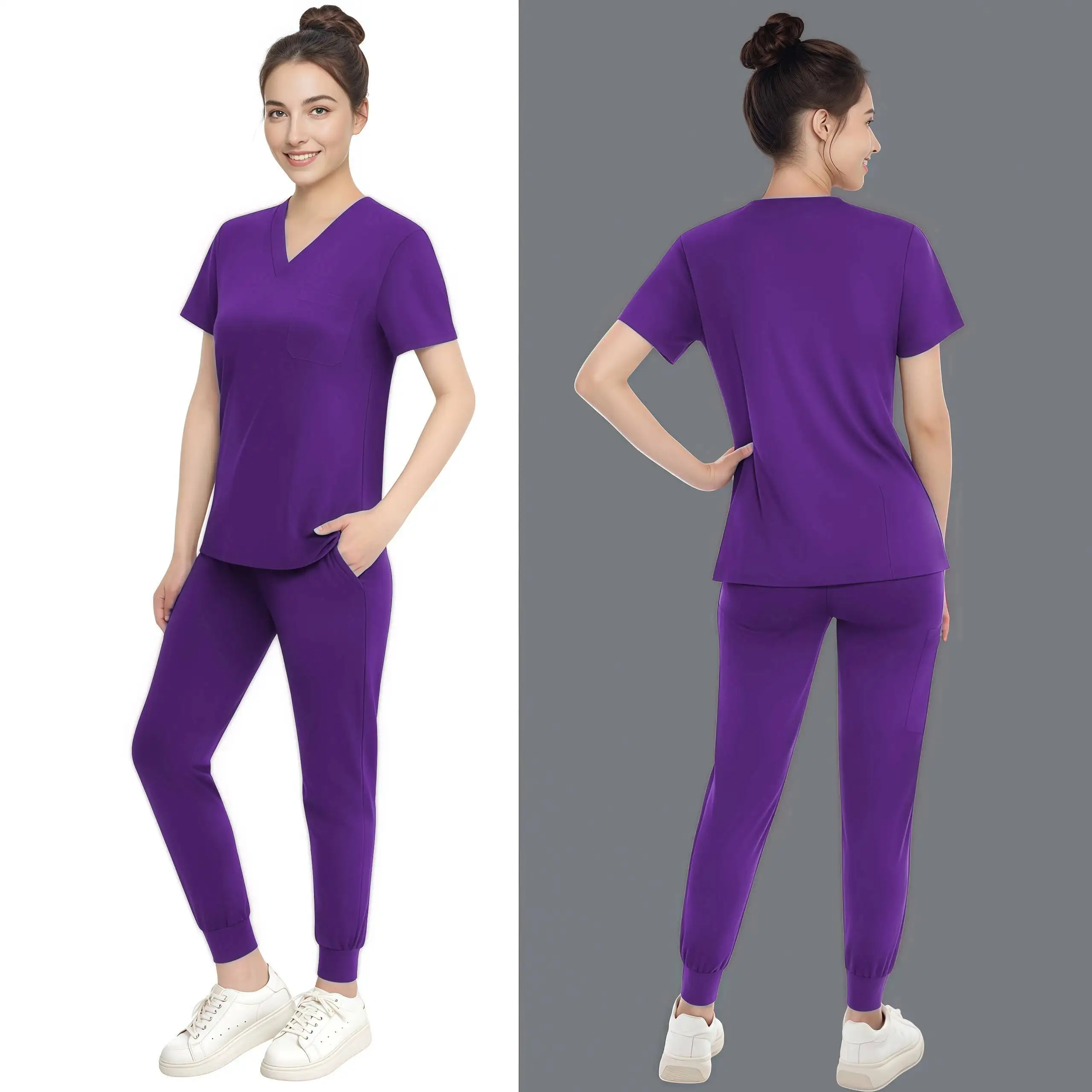 Multicolour Jogger Suit Doctor Nursing Uniforms Medical Clinical Clothes Short Sleeve V-Neck Tops Pocket Pants Nurse Scrubs Set