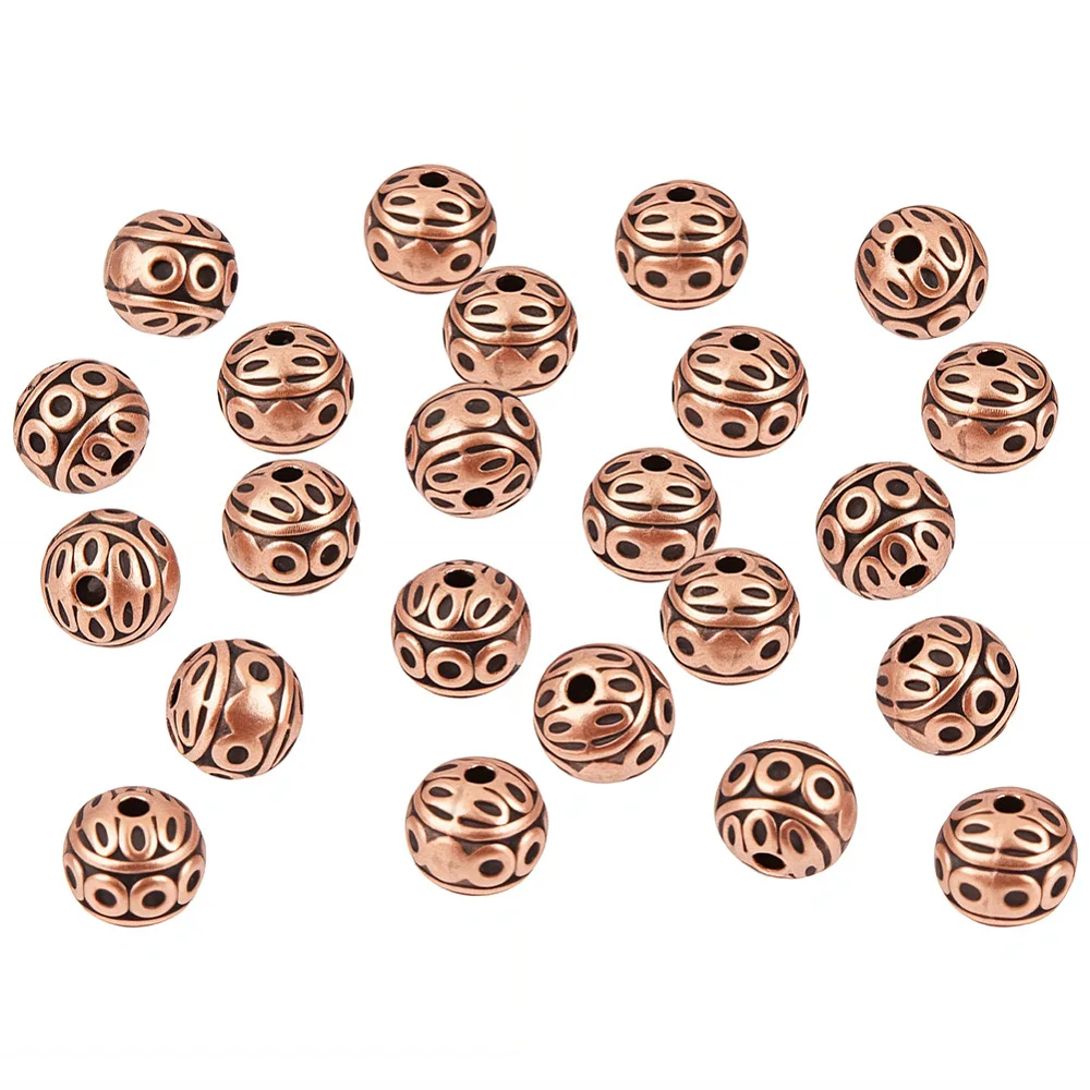 100PCS 8MM Red Copper Spacer Beads with Hole Alloy Style Round Ball Metal Corrugated Findings Charms Loose Spacer Bead Bulk