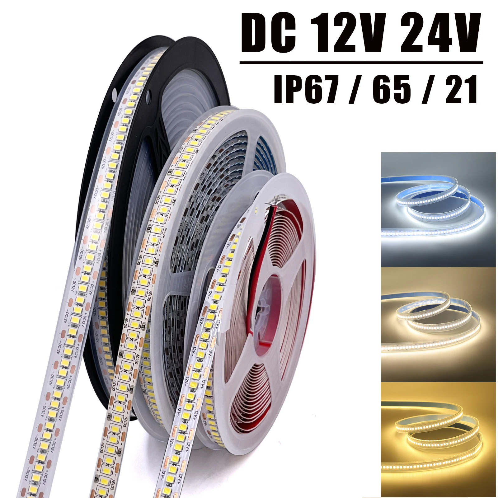 Impermeável LED Strip Light para Home Decor, fita flexível, luz de fita, branco quente e natural, DC 12V, 24V, IP67, IP65, IP21, SMD 2835, 240Leds, M