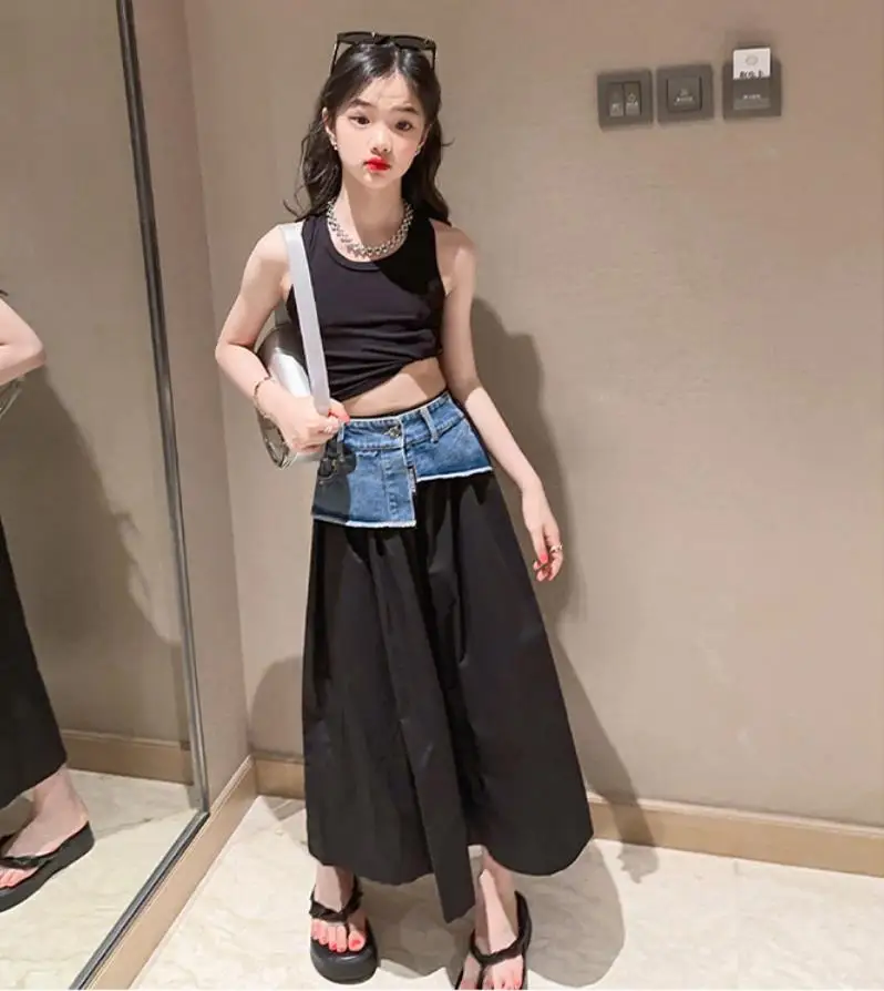 Girl Vest + Skirts 2pcs Sets Summer New Sleeveless Tops Denim Patchwork Slirts Suits Children Black Sets 4-16 Years Wz1202