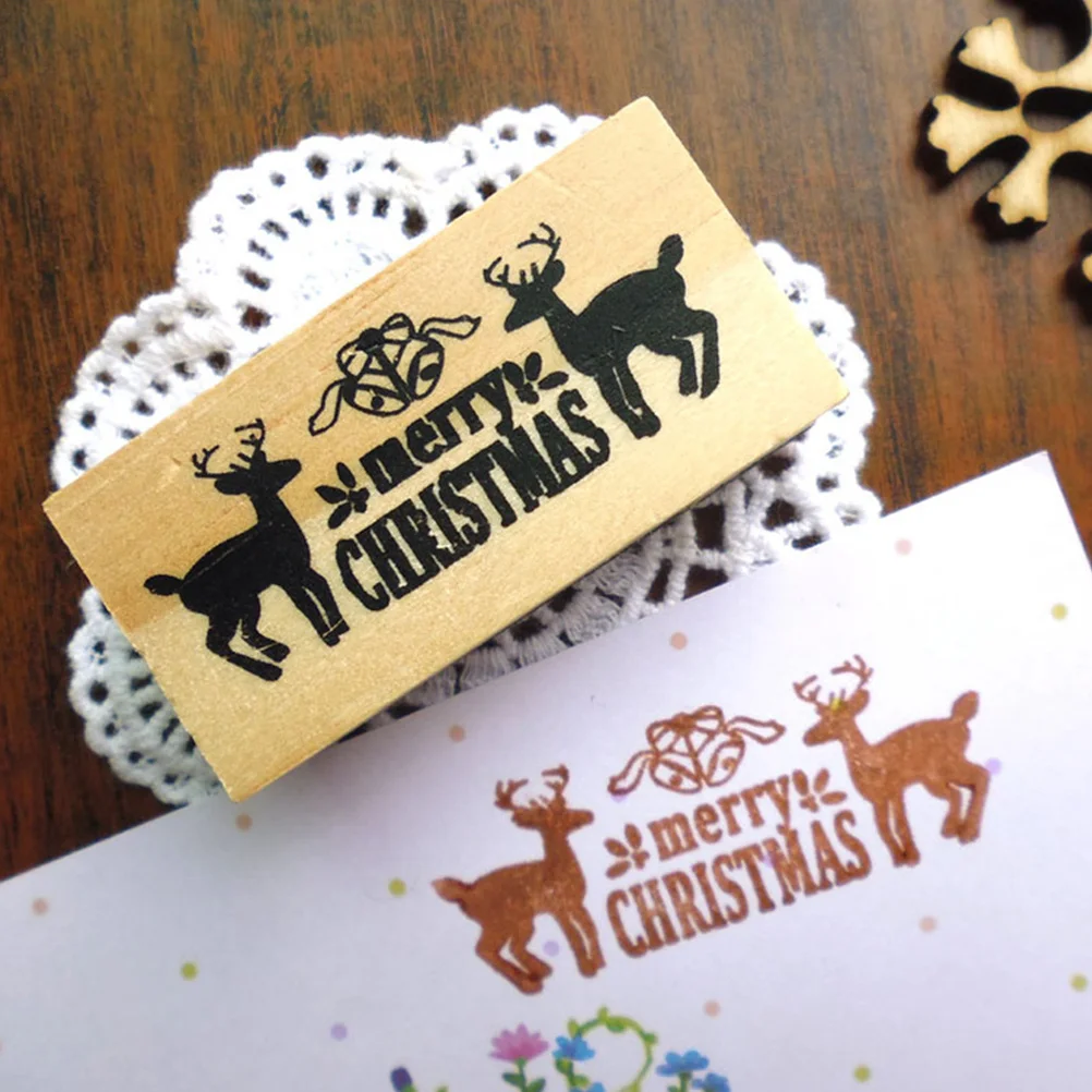 2Pcs Merry Christmas Stamper Wood Deer Pattern Seal Stamps Creative DIY Kids Craft Holiday Fun Christmas Stamper