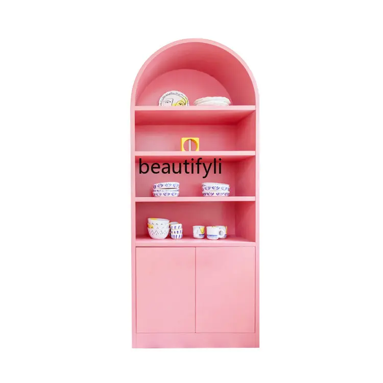 

Modern Simple Fresh Lotus Pink Double Door Fish Pattern Decorative Bookcase Arch Foyer Entrance Cabinet