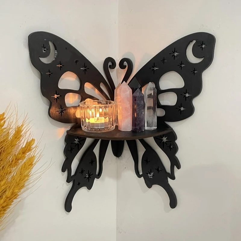 1 PCS Butterfly Display Shelf, Wood Floating Shelves Black Wall Corner Shelf Stylish Corner Shelving Butterfly Corner Shelf