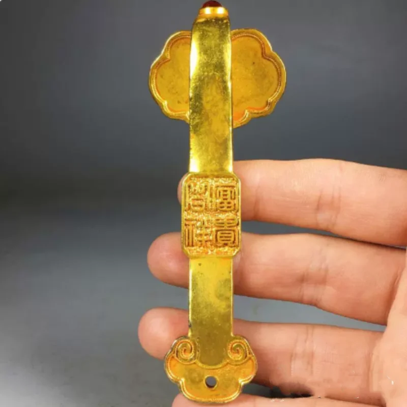 Antique Gold-Plated Brass Ruyi Statue - Gemstone Inlaid Handheld Ornament, Feng Shui Lucky Home Decor