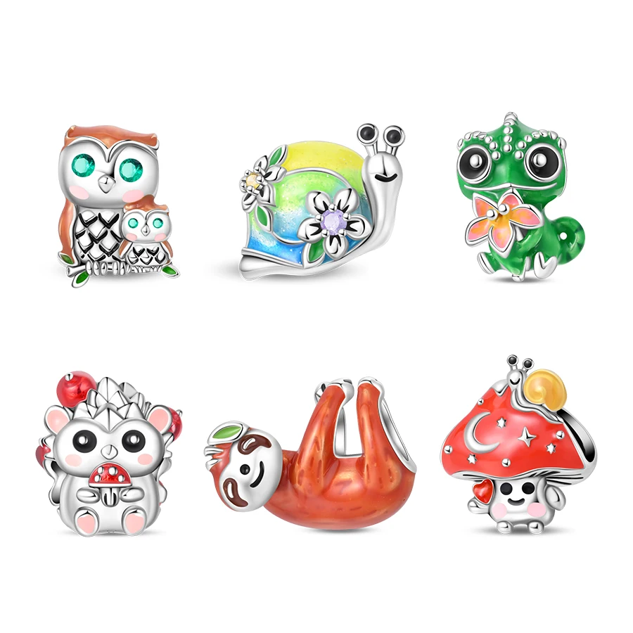 925 Silver Chameleon Snail Beads Sloth Hedgehog Mushroom Spirit Charms Fit Pandach 925 Original Bracelet Fine DIY Jewelry