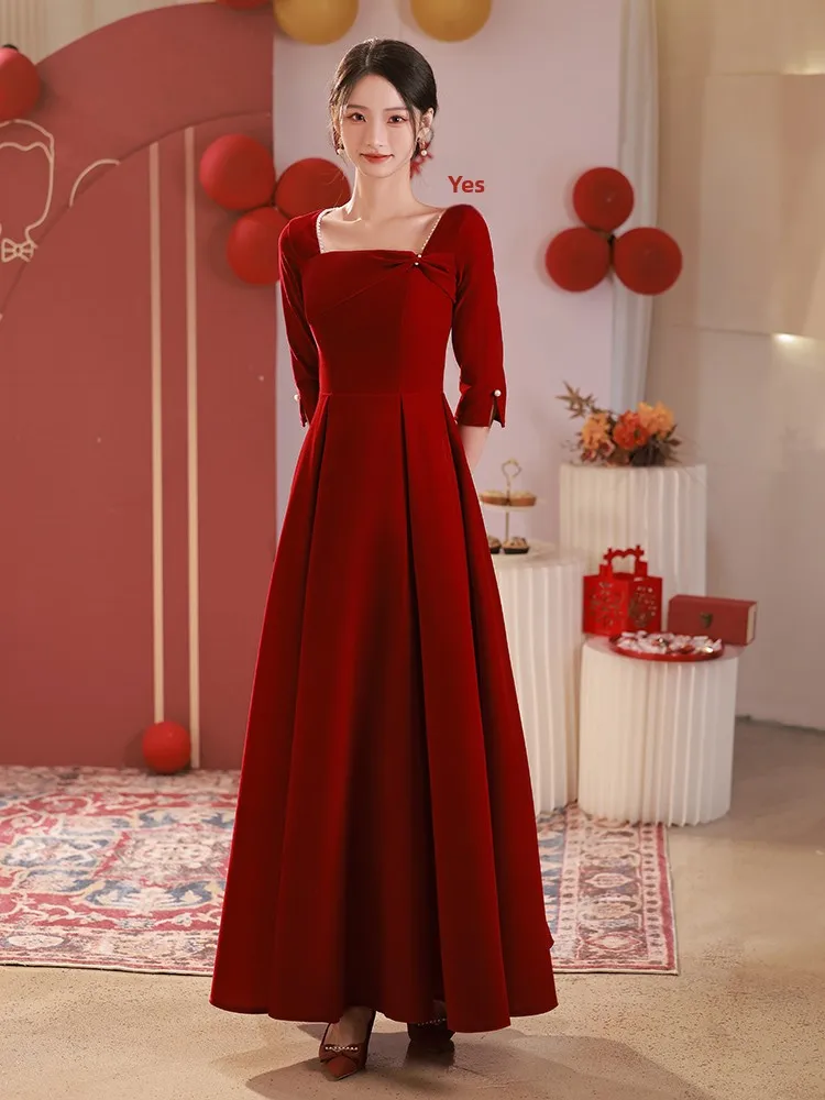 

plus Size Wine Red Evening Gown Slimming Hide Belly Wedding Reception Host plus Size up to 200 Pou Formal Dr