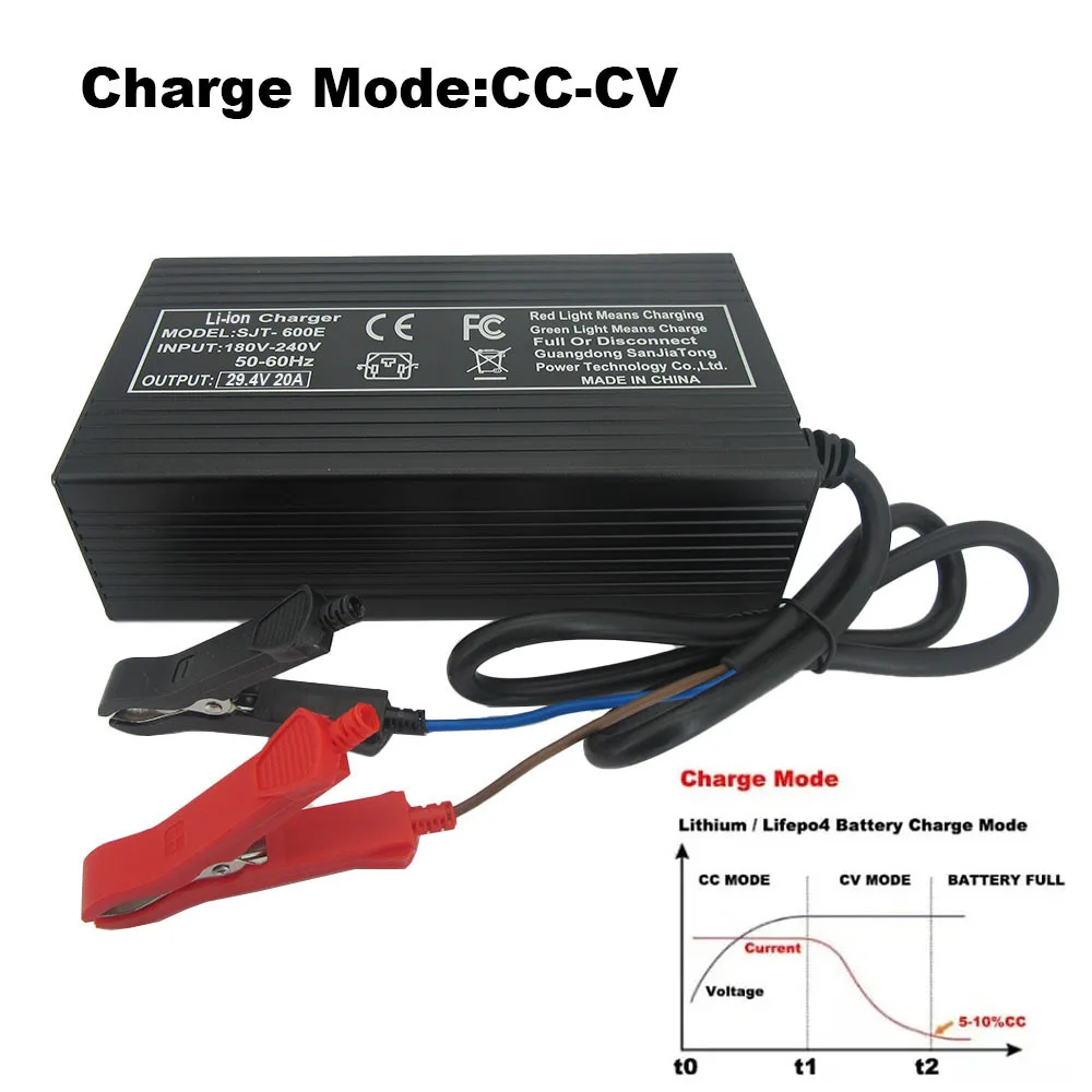 24V 20A Li-ion Battery Fast Charger 7S 29.4V 24 Volt RV Lithium 18650 Energy Storage Forklift Chargers Alligator Clip Connector