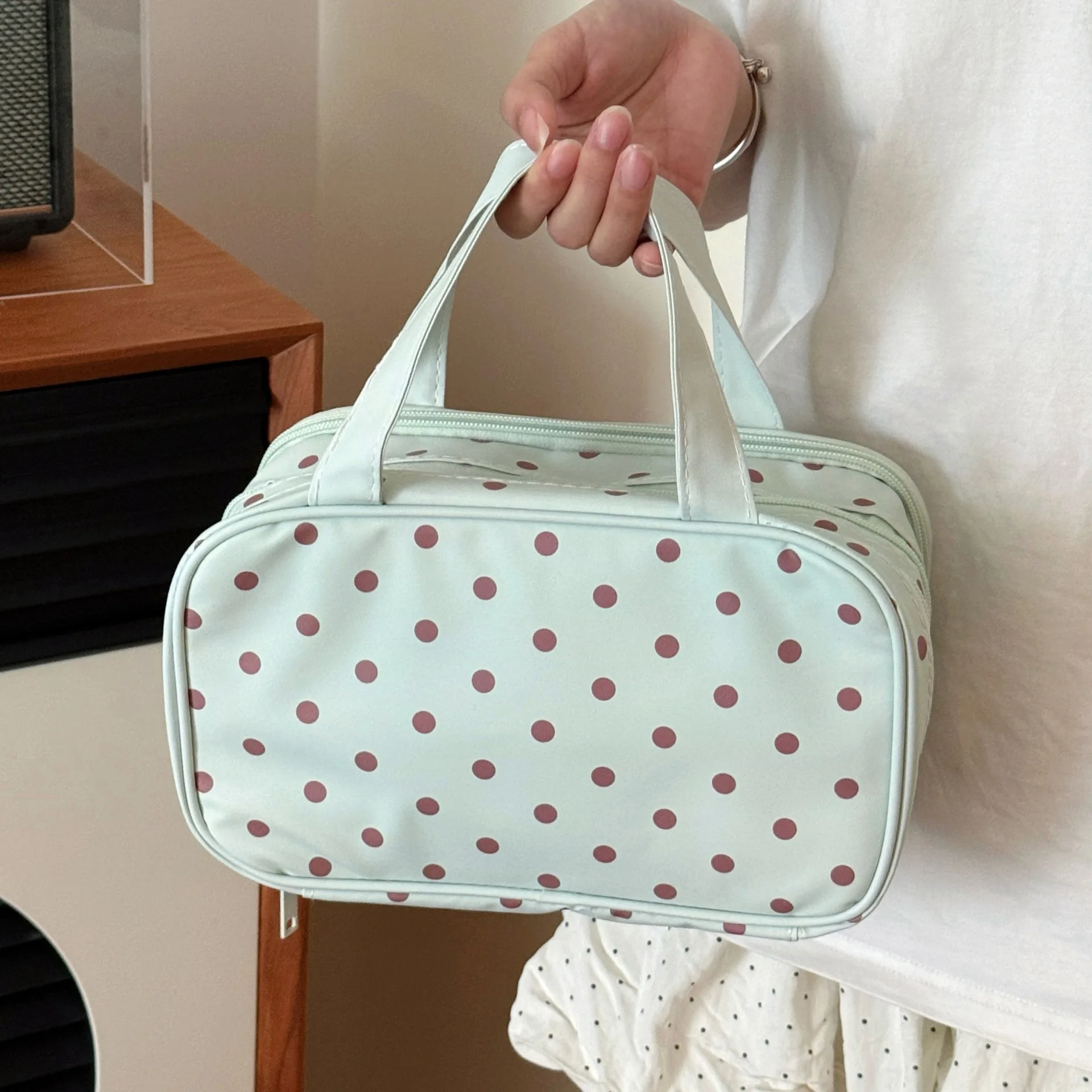 Mint Green Polka Dot Makeup Bag Large Capacity Three-Layer Partition Waterproof Storage Bag