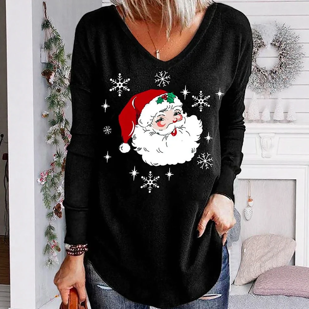 

Женская осенняя футболка с длинным рукавом и v-образным вырезом, простой повседневный базовый топ с рождественским принтом