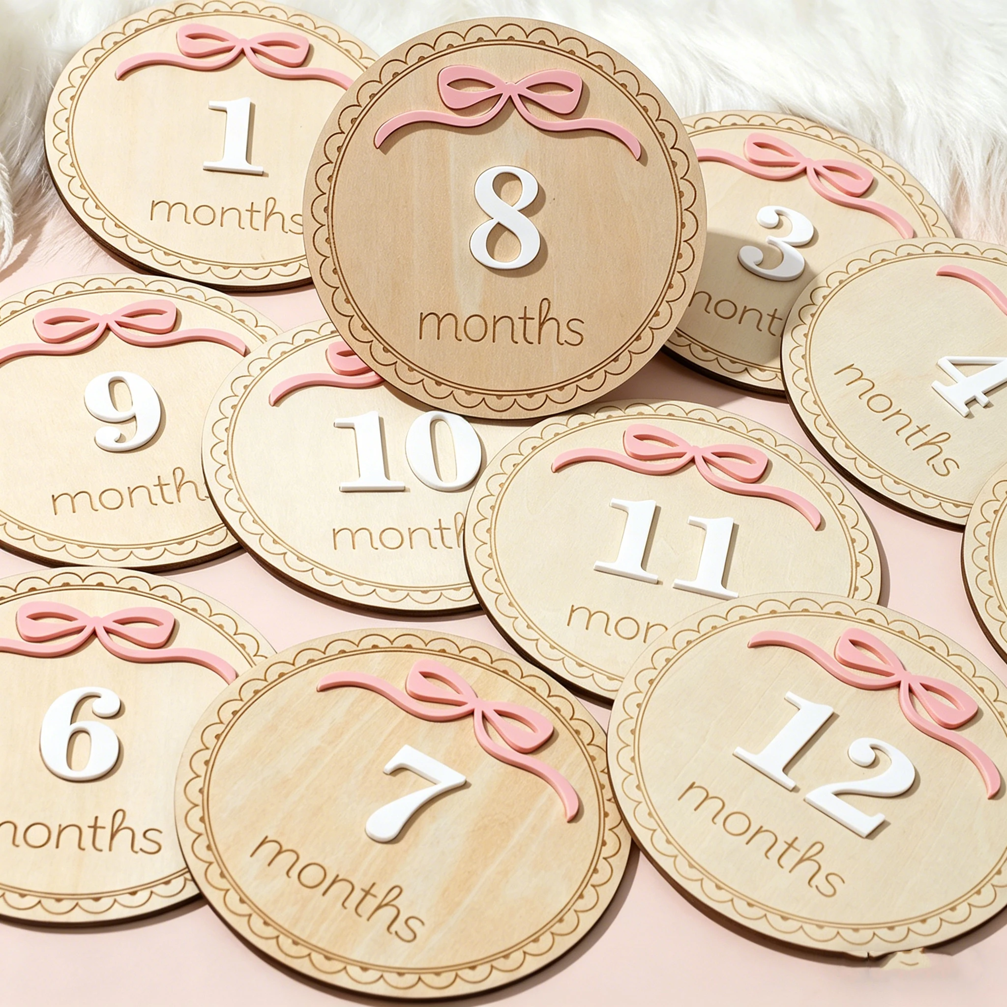 Ylsteed 12Pcs 1-12 Month Newborn Monthly Milestone Wooden Cards Dics Baby Keepsakes Newborn Photo Props