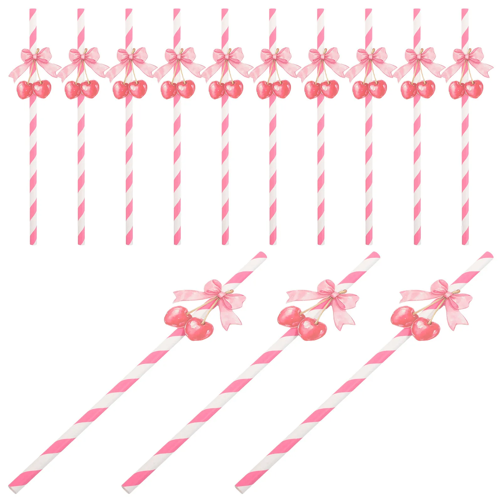 50Pcs Cherry Themed Paper Straws Colorful Disposable Drinking Straws for Birthday Graduation Valentine's Day Party Decoration