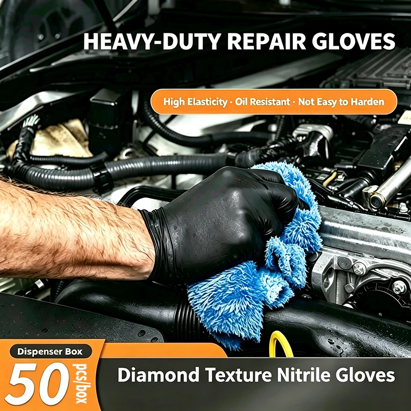 Thick Black/Orange Nitrile Gloves, Diamond Pattern Non-Slip and Oil-Resistant, Mechanical and Auto Repair Work Gloves