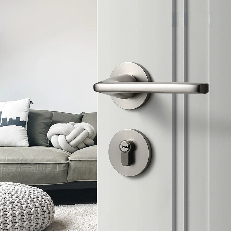 Bedroom door lock, indoor wooden door, room magnetic suction, silent wooden door handle, nickel gloss brushed simple split lock