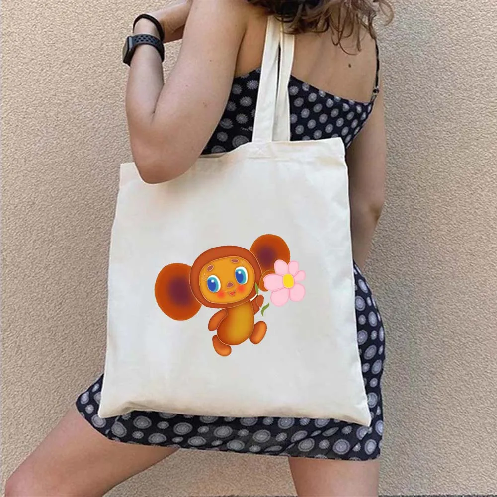 รัสเซีย Cheburashka น่ารักการ์ตูนลิงโซเวียตรัสเซียตุ๊กตาสตรีผ้าใบกระเป๋าสะพายกระเป๋าถือ Tote Eco Cotton Shopping Bag