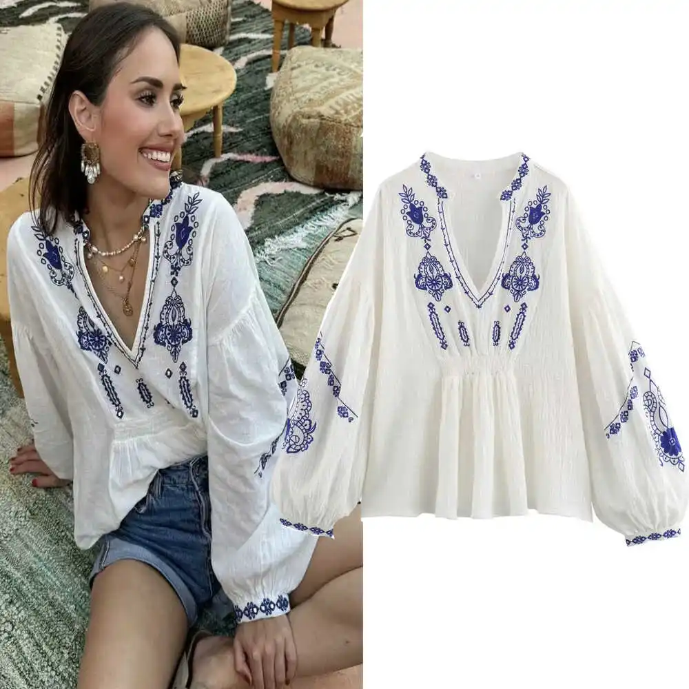 

Women's Slim Fit H33 Ethnic Sle Embroidered Long Sve irt Top 202406WMDR Faionable Casual Wear for Ladies