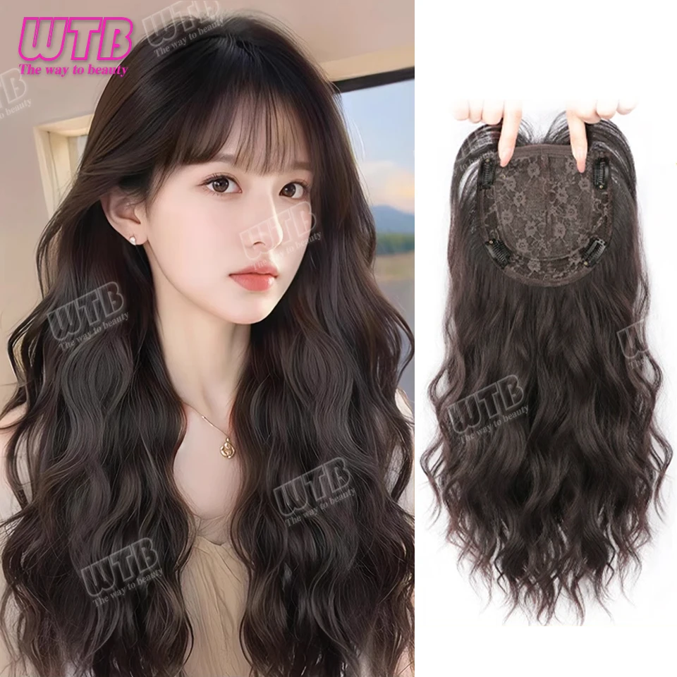 60cm Synthetic Middle Part  Topper Hairpiece with Bangs Clip-In Bangs Extension Natural Invisible Clourse Hairpiece for Women