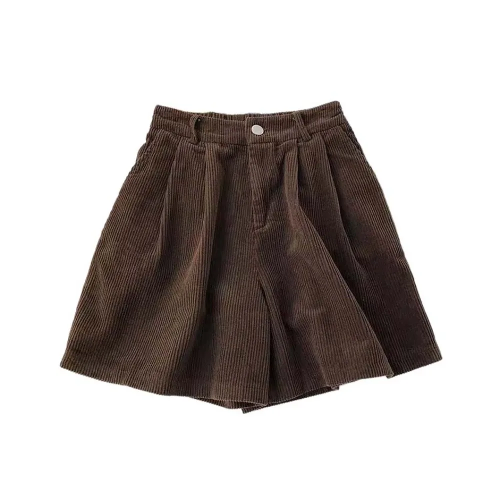 

High Waist Women Corduroy Shorts Stripe Two Pockets Wide Leg Short Pants Elastic Large Size Loose Streetwear Autumn Winter