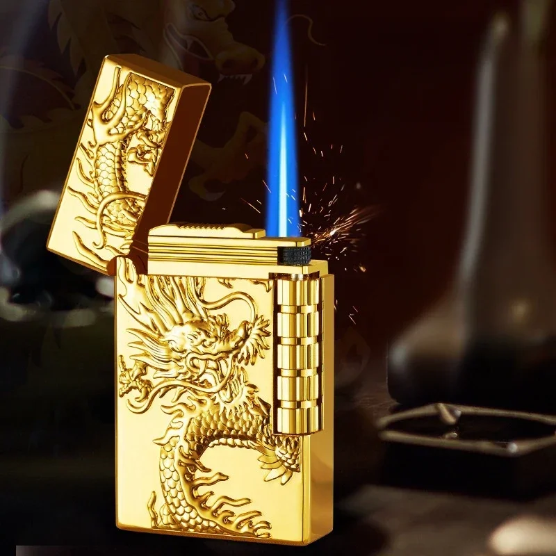 Metal Embossed Shenlong Lighter Direct Windproof Blue Flame Butane Gas Lighter Turbine Torch Jet Lighter Men's Gift 2024