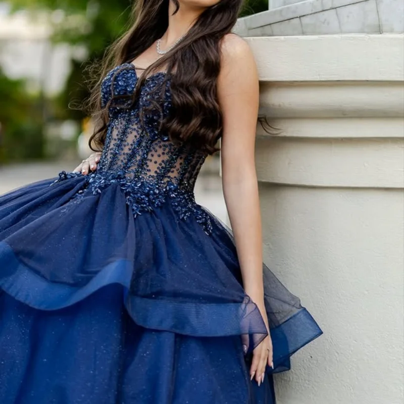 

Shiny dark blue Quinceanera Dress off-shoulder Lace layering crystal decal Long tail vestidos de 15 Quinceanera ﻿Customize