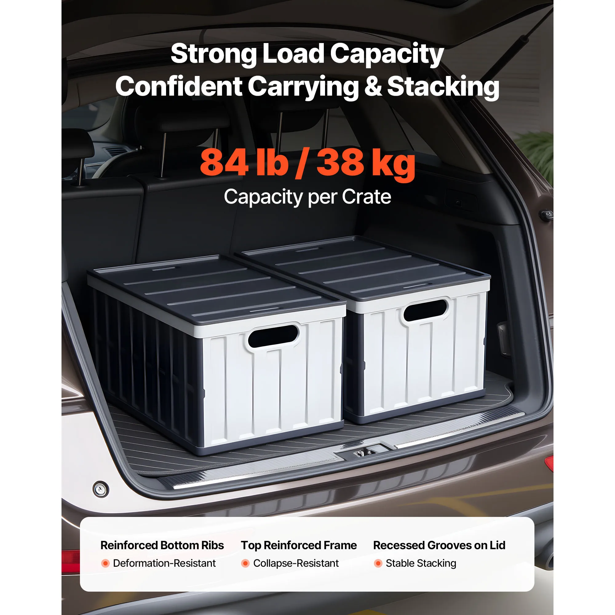 Plastic Collapsible Storage Bins with Lids, 65L 2 Packs, Stackable Folding Storage Crates with Handles, Holds 84 lbs Per Bin, Heavy Duty Containers, Space-Saving Baskets, for Home Organizing