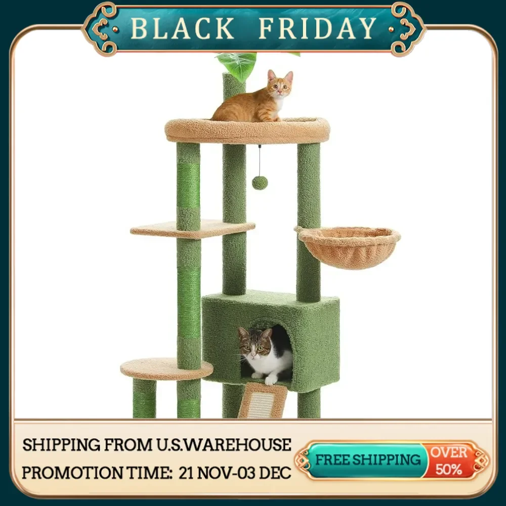 53'' Cat Tree for Indoor Cats, Large Condo, Sisal Scratching Posts, Hammock & Perch, Fresh Cactus Design, Sturdy, Multi-Level