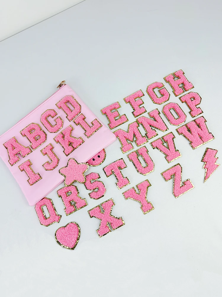 Patch autocollant lettres roses, serviette de l'alphabet, patchs en Chenille brodés pour vêtements, sacs, veste, accessoires appliqués