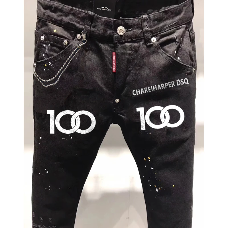 100Chareharper dsq9630 men\'s pants Pure black printed cotton elastic quadratic slim-fit fashion paint street personality pants