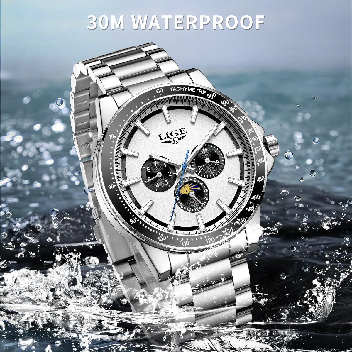

LIGE Men Luxury Business Watches Quartz Watch Luminous Calendar Moon phase Man Watch gifts for man reloj Montre pour hommes