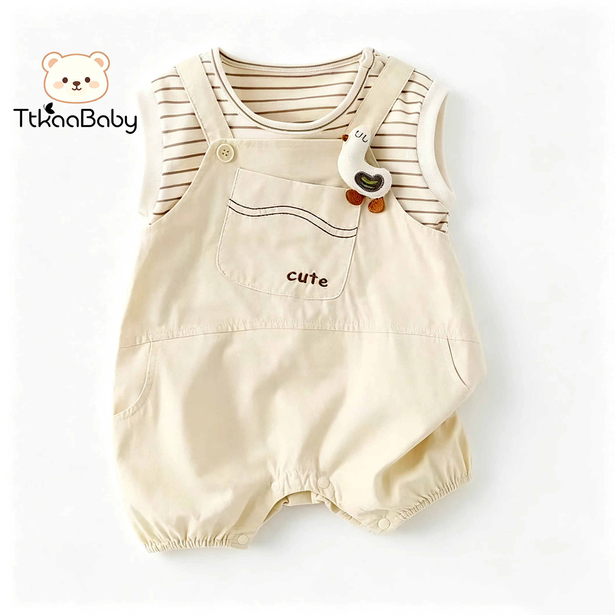 3D-Entenmuster-Outfit für Babymädchen: Süßes zweiteiliges Sommer-Set für Neugeborene mit verstellbaren Trägern für Ausflüge und Kleinkinderkleidung – Detail 1