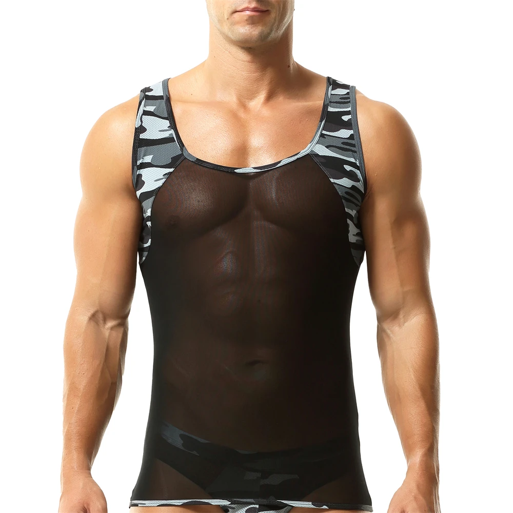 섹시한 남성 언더 셔츠 위장 시스루 메쉬 민소매 티셔츠 통기성 스포츠 조끼 남성 라운지 탱크 탑 쉬어 탑