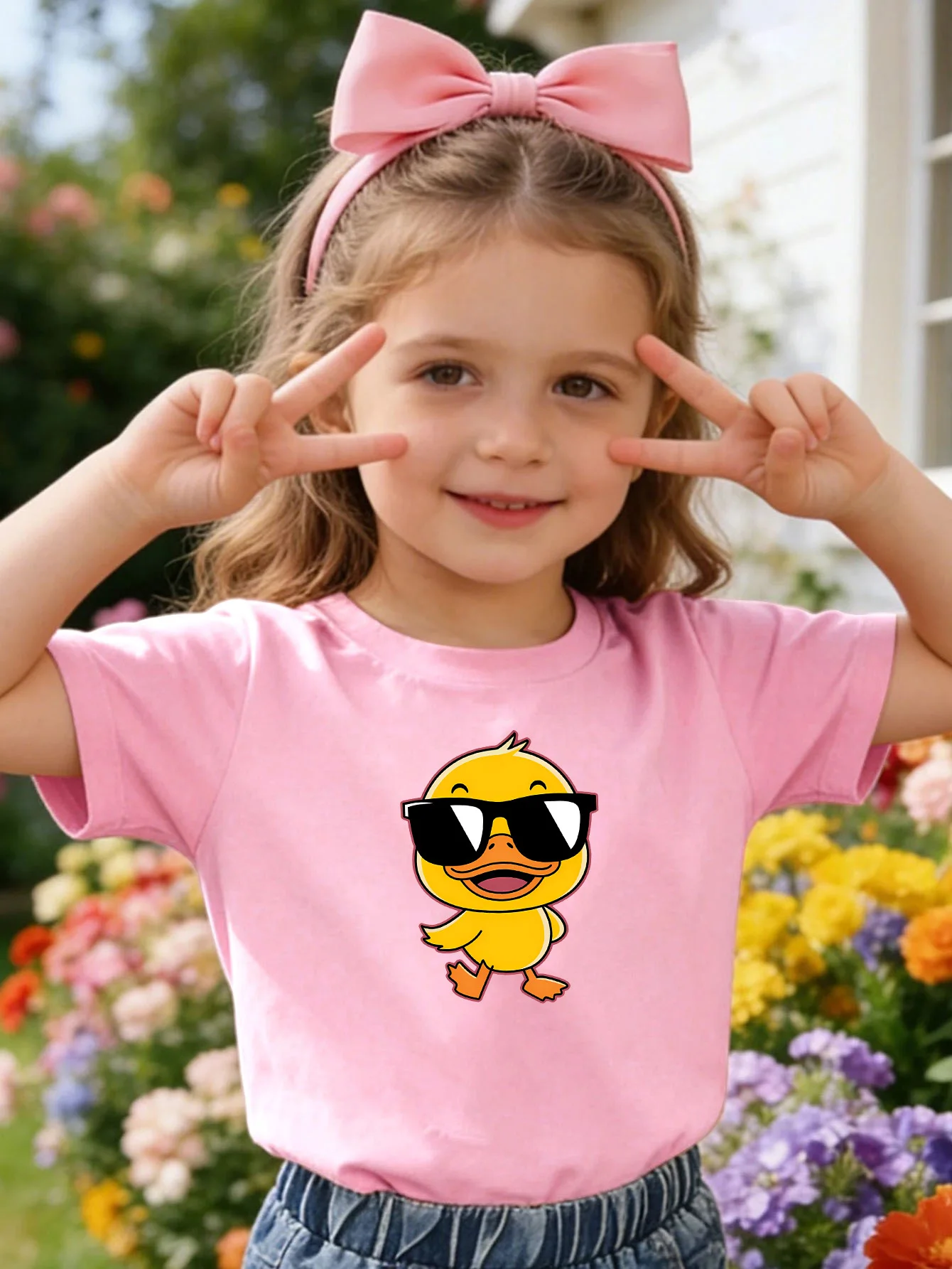 Stylish Sunglasses Duck Cartoon Print Kids Tee Boys Girls Family Match Cotton Crew Neck Short Sleeve Soft Summer Casual Kid Wear